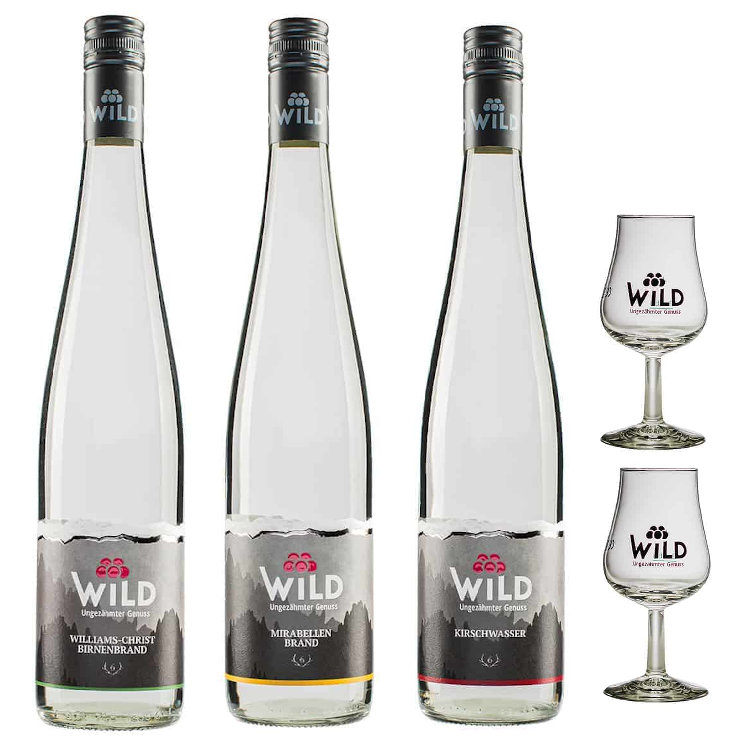 Wild Sparset 1 - Kirschwasser, Williams und Mirabelle inkl. 2 Wild-Gläser Wild Sparset 1 - Kirschwasser, Williams und Mirabelle inkl. 2 Wild-Gläser