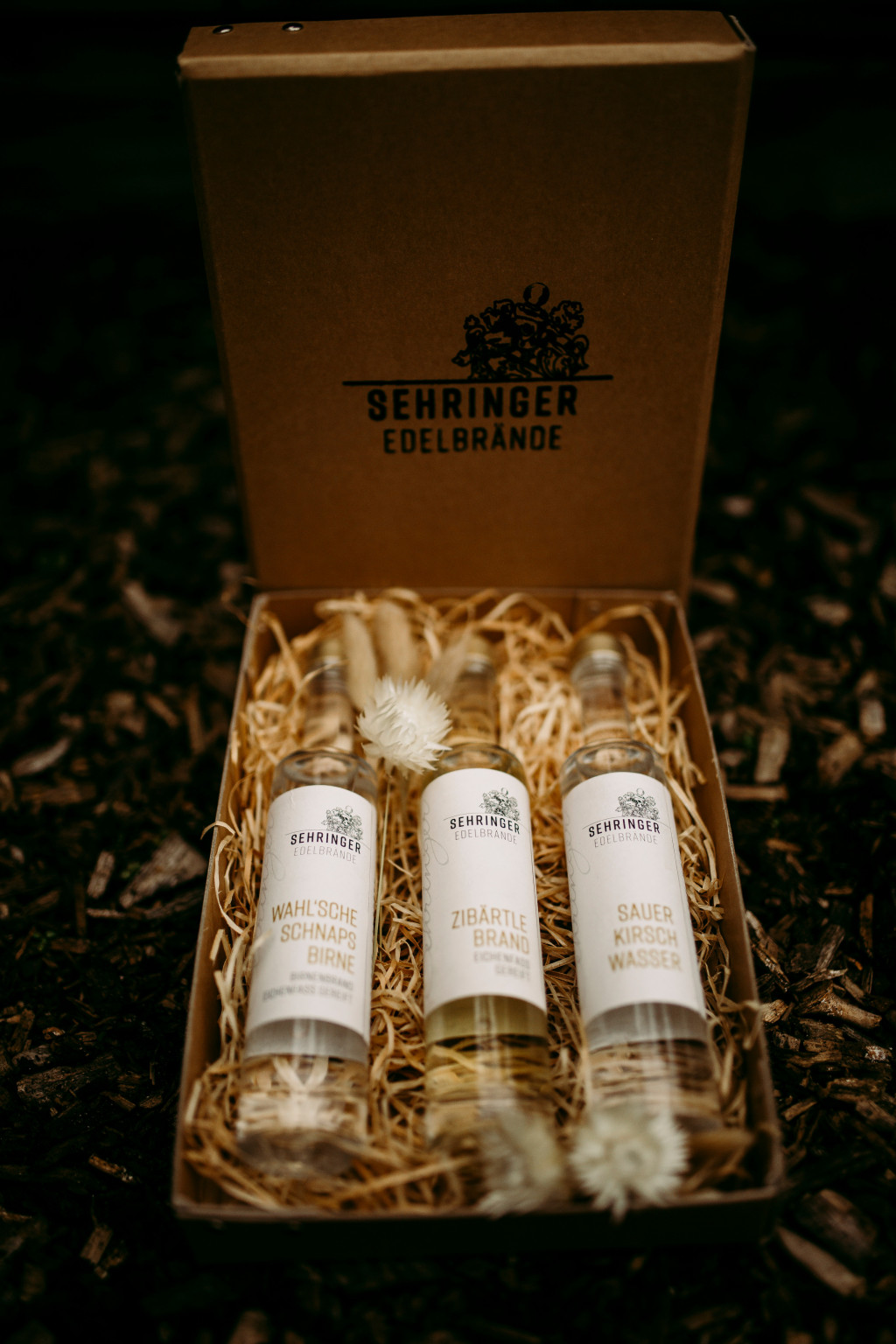 Sehringer Geschenkset 3x 0,1l Apfelbrand Boskoop, Wahlsche Schnapsbirne, Mirabellenwasser Eichenfass