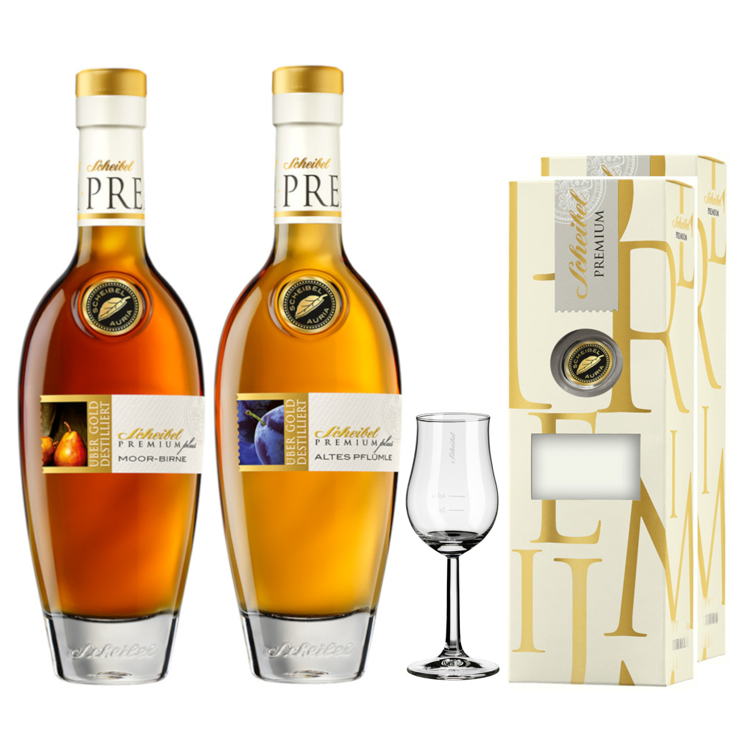 Scheibel Sparset 7 Moorbirne Altes Pflümle 2x 0,35l 40-43 % Vol. inkl. Glas 2 Geschenkhüllen