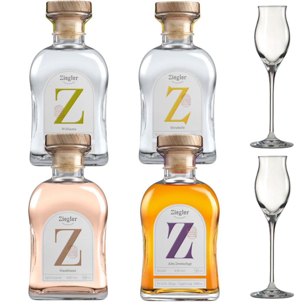 Ziegler Sparset 2 Gastro Bar 43%vol. 2,0l Williams Alte Zwetschge Mirabelle Haselnuss inkl. 2 Ziegler Gläser